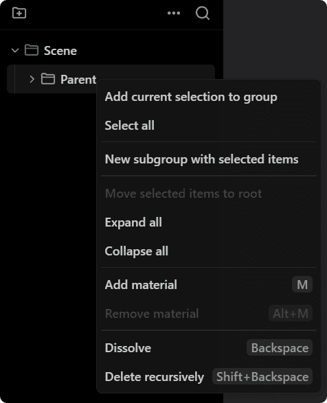Group objects menu